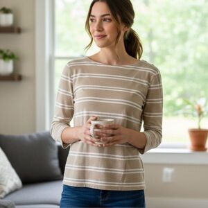 Charter Club Tan & White Striped Boat Neck Top L Normcore Neutral Academia Boho